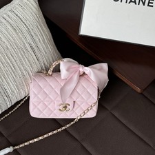 `Pink Quilted Leather Mini Flap Bag Satin Bow Gold Chain Crossbody Purse` picture