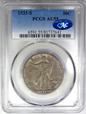 1933-S 50C PCGS / CAC AU55 WALKING LIBERTY~ CRUSTY ORIGINAL & FROSTY picture