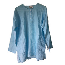 Arleen Bowman Chin Chin Linen Tunic Top Women's L Aqua Blue Lightweight Coastal picture