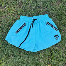 Stüssy Men’s Blue Swim Shorts Size M Solid Logo Drawstring Elastic Waist Pockets picture