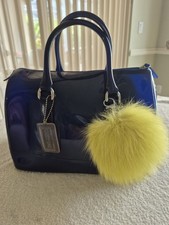 Furla Blue Jelly Candy Satchel Bag With Neon Green Fur Keychain picture