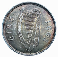 IRELAND 1942 Irish Silver 1 Florin BU/UNC. Rainbow Toned Scares-Very Low Mintage picture