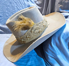 Doble W Wide Brim Gray Felt Western Cowboy Hat w/ Woven Hatband & Feather picture