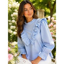 Forever 21 Blue Ruffle Blouse Puff Sleeve Cottagecore Romantic Top L NWT picture