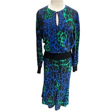 VTG 80s Glam Leopard Print 2 Piece Set Electric Blue Skirt Top Blouse Midi Funky picture