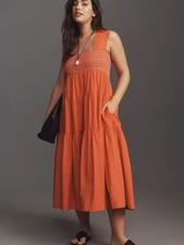 Anthropologie The Helena Square-Neck Tiered Midi Dress Orange | M picture