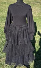 Ivy City Co Dress Womens Medium Black Colette Midi Tulle Tiered Mesh Long Sleeve picture