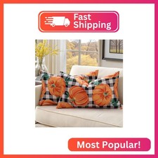 decorUhome Fall Plaid Linen Throw Pillow Covers 12x20 Set of 2 Pumpkin picture