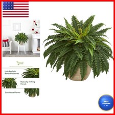 Nearly Natural 22in Artificial Boston Fern Plant Sandstone Planter picture