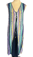 The Paragon Rayon Striped Maxi Dress M  Pleated Insert Beads V-neck Earth Toned picture