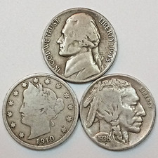 US COINS- Silver WW2 Nickel, Liberty Nickel, Buffalo Nickel- 3 Coin Set- NO JUNK picture