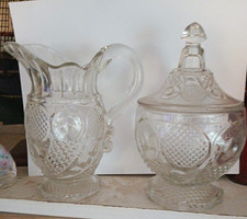 Antique Westmoreland No. 170 Cane Medallion EAPG Creamer & Covered Sugar Bowl picture