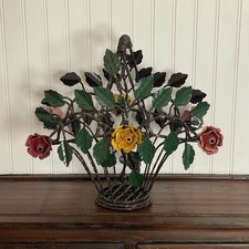 Vtg Large Wrought Iron Floral Centerpiece Basket Painted Metal Tole Roses Heavy picture