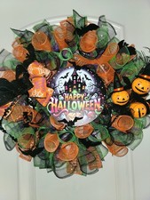 Fall Halloween Deco Mesh Wreath PUMPKIN HEADS, BATS Handmade 24