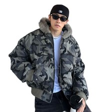 Men's Camo Puffer Jacket Winter Fur Hooded Bomber Coat Camouflage Streetwear MA1 picture