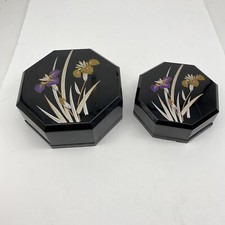 VTG Yamanaka Japan Lacquerware Nesting Boxes Black Floral Trinket 2pc 70s *flaw picture