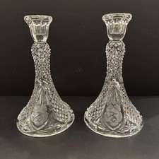 Vintage Elegant Cut Crystal Diamond Point Etched Rose Pair Of Candle Holders picture