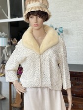 Vtg 1950s Regalia Ribbon Knit Jacket Hand Loomed Ivory Mink Fur Collar MCM picture