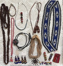 Vintage Ethnic Jewelry Folk Art Beaded Leather Seed Necklace Bolo Tie Mixed Lot picture