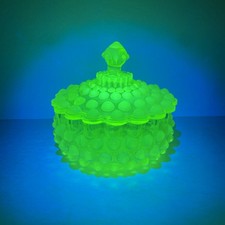 Elegant FENTON Topaz Uranium Opalescent Hobnail Candy Dish Vintage, Great Color picture