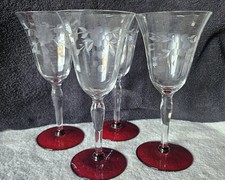 Vtg Weston Glass WGL2 Ruby Red Foot Etched Floral Wine Goblets Glasses Set of 4 picture