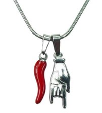Small Red Cornicello and Mano Cornuto Necklace, Italian Hand Horn Protection picture
