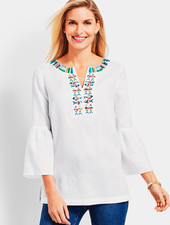 NWT White Sheer Linen Talbots Fish Embellished Tunic Top Size P 3/4 Flounce Slee picture