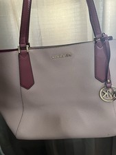 Michael Kors Pebbled Tote Beige/Burgundy Gold Hardware Zip Charm Inner Pockets picture