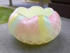 Antique Rainbow MOP Diamond Quilt Mother of Pearl Art Glass Rose Bowl GLOWS picture