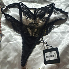 Honey Birdette Esme Black Floral Lace Mesh Sheer Thong Panties Women's S picture