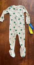 Carter's 12-18M Footed Zip Sleeper 100% Cotton White/Green Clover St Patrick picture