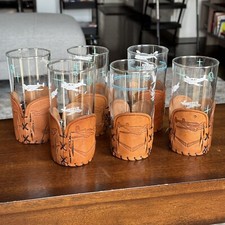 6 VTG Beechcraft Highball Glasses w/ HL Leddy Leather Holders Aviation Theme picture