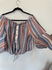MLLE Off The Shoulder Striped Button Front Tie Hem Blouse 2X picture
