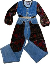 RARE Vintage Y2K Body Blue Denim Velvet Chaps Set Floral Crop Top Set Co-ord M picture