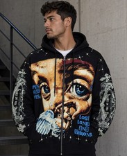 Y2K Streetwear Hoodie - ROMWE Men Size Small Goth Street Life Angel Print Zip Up picture