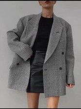 COMMENSE Wool Blend Plaid Belted Oversized Blazer Gray XS Double Breasted picture