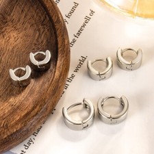 Women Girl Wide Band Small 925 Sterling Silver Plain Huggie Hoop Earrings A33 picture