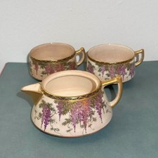 Antique Japanese Satsuma Wisteria Creamer & 2 Cups 成山 Seizan Taisho Hand-Painted picture