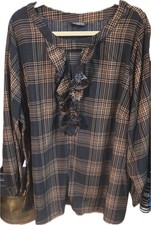 BLOOMCHIC Women's Plus 2XL Plaid Ruffle Long Sleeve Blouse Black Brown picture