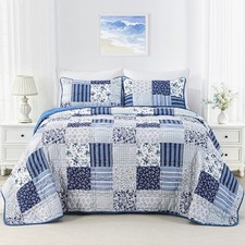 Full Queen Size Quilt Set Blue Floral Bedding Set 3-Piece Patchwork Reversible picture