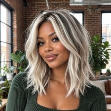 Women's 14in Human Hair Wig Long Layered Natural Golden Brown Wavy Fashion Wig picture