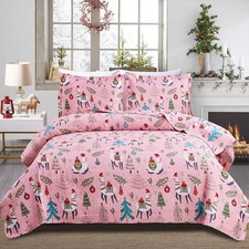 Kids Pink Christmas Alpaca Quilt Set Queen Sizesnowflake Tree Printed Bedding Se picture