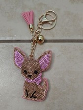Rhinestone Chihuahua Keychain Stuffed Pink Faux Leather Purse Dog Bag Charm NWT picture