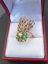 14k Gold Ring Natural Emerald 1ct Pearl Vintage Handmade Italy Crown Design picture
