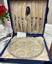 Vintage Italian 800 Silver Dessert Set – 6 Forks & Cake Server w/ Cut Crystal Tr picture