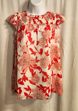 Talbots Women's M Floral Blouse White/Red/Orange Cap Sleeve Ruffle Round Neck  picture