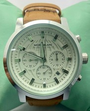Refurbished Montblanc Chronograph White Dial Men's Quartz Watch Leather Strap picture