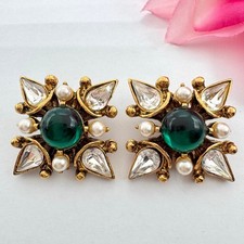 Vintage Maltese Cross Green Lucite Clip On Earrings Regency Regal Dramatic Moody picture