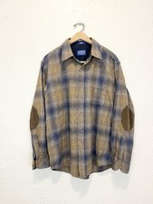 Pendleton Plaid Flannel Wool Trail Shirt Elbow Patch Tan Blue Large L picture