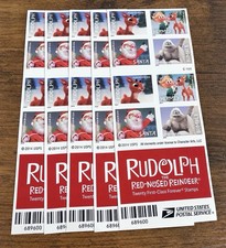Genuine USPS Forever Stamps – Rudolph – 5 Sheets of 20 – 100 Stamps picture